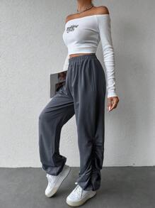 SHEIN Cottnline Solid Elastic Waist Slant Pocket Ruched Side Sweatpants - Grey - View 6