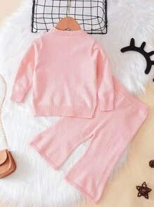 女嬰素色套頭毛衣&喇叭針織長褲 - 米色 - 查看 2