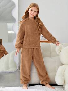SHEIN Tween Girl Letter Embroidery 3D Ears Design Hooded Flannel Top & Pants PJ Set