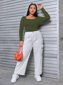 SHEIN EZwear Plus žebrované pletené tričko se čtvercovým výstřihem - Tmavě zelená - Zobrazit 3