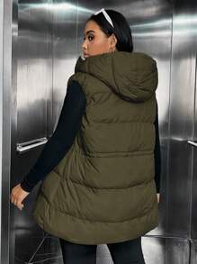 SHEIN EZwear Plus Zip Up Snap Button Hooded Vest Coat, Winter - Army Green - View 2