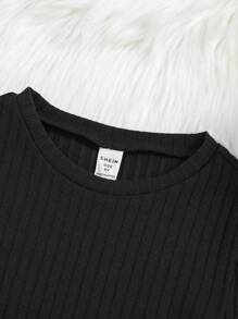 SHEIN Leap Crew Cô gái Tween Chất rắn Đồ đan Ribbed Viền chia cắt Đầm - màu đen - Xem 5