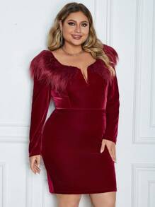 Eilly Bazar Plus Size V-Neck Furry Trim Long Sleeve Dress - Burgundy - View 7