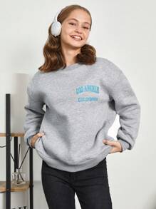 RueChic Teen Girl Letter Embroidery Drop Shoulder Sweatshirt - Grey - View 3