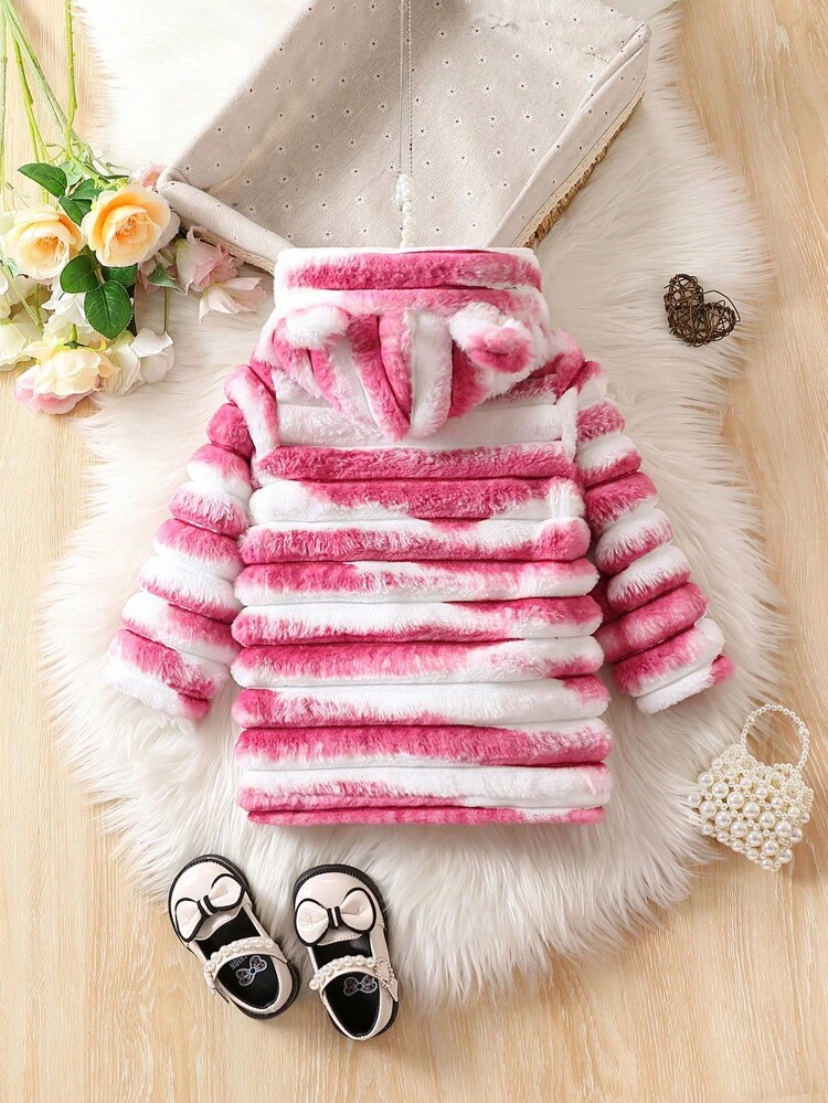 Baby Girl Striped Print Hooded Fuzzy Coat