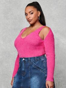 SHEIN BAE Plus Cold Shoulder Sweater - Hot Pink - View 6