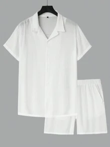 Men Solid Lapel Neck Shirt & Shorts - White - View 3