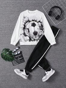 SHEIN Adolescent Garçon Football Imprimé Sweat-shirt & À Bande Contrastante Pantalon De Survêtement