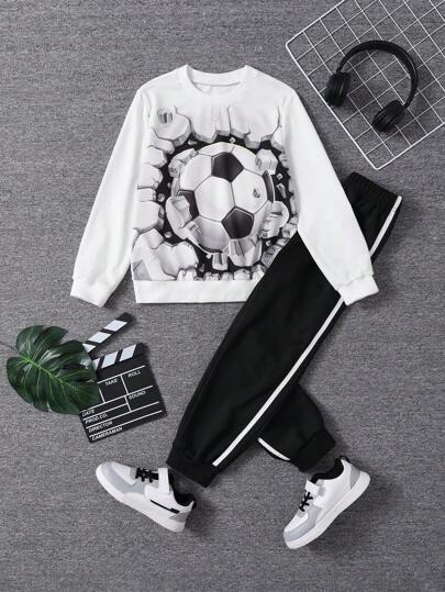 SHEIN 男大童足球印花套頭衫&織帶拼接衛褲