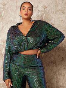 SHEIN BAE Christmas Plus Drop Shoulder Crop Sequin Shirt