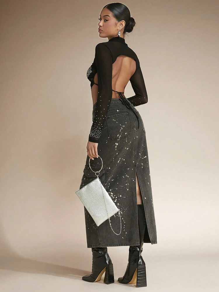 Splash Ink Print Flap Pocket Split Back Denim Skirt