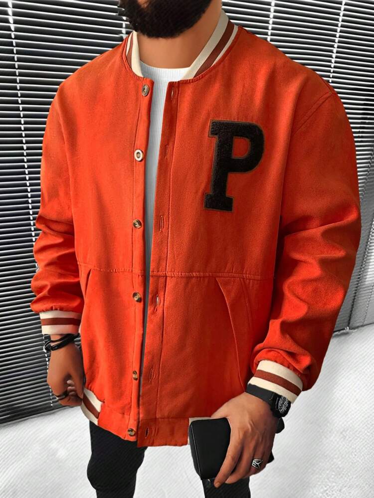 Men Letter Patched Striped Trim Drop Shoulder Varsity Jacket