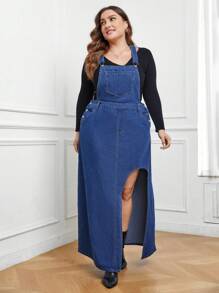 SHEIN Privé 大碼高衩牛仔背帶裙不帶T恤 - 藍色 - 查看 6