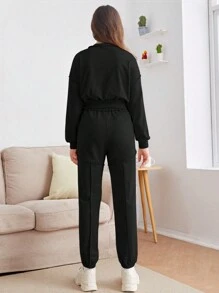 SHEIN 青少年女孩落肩袖連帽衫和運動褲 - 黑色 - 查看 2