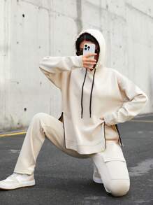 RueChic Drop Shoulder Split Hem Drawstring Hoodie & Pants - Beige - View 1