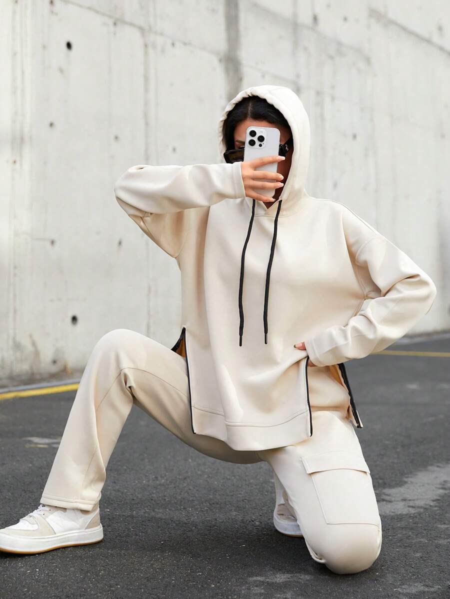 RueChic Drop Shoulder Split Hem Drawstring Hoodie & Pants - Beige - View 1