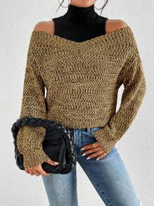 SHEIN Unity Hai âm Vai lạnh 2 trong1 Áo len - Màu Khaki - Xem 4