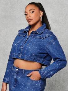 SHEIN BAE Áo khoác denim dáng croptop có túi đính đá Rhinestone Decor Flap, Quần áo mùa thu cho nữ - Màu xanh lam - Xem 5
