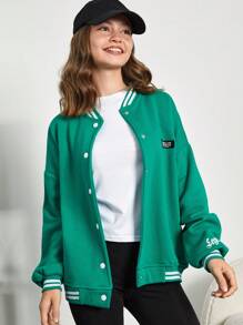 RueChic Teen Girl Letter Patched Striped Trim Drop Shoulder Varsity Jacket - Green - View 3