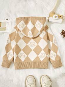 Baby Boy Argyle & Cartoon Pattern Hooded Cardigan Without Tee - Khaki - View 2
