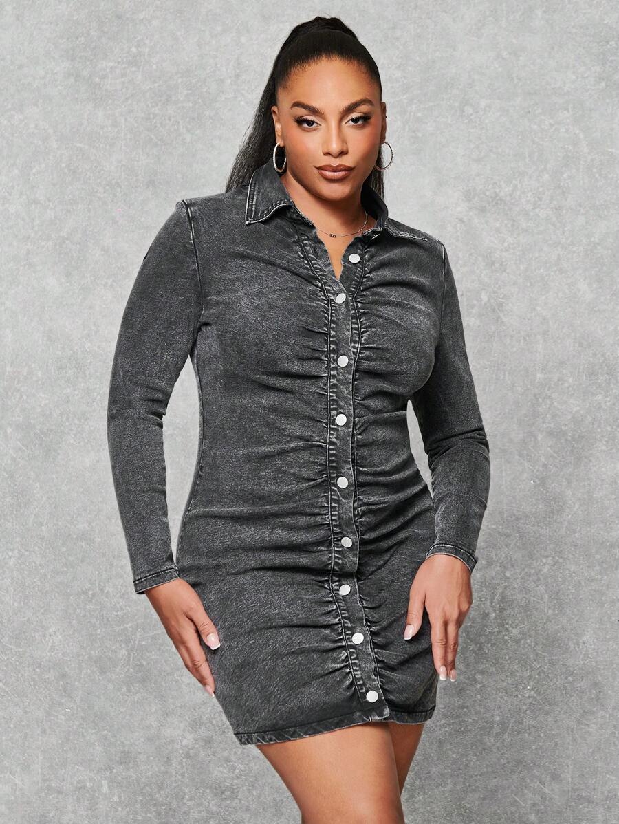 SHEIN BAE Plus Button Through Ruched Bodycon Denim Dress - Grey - View 1
