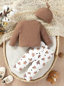 SHEIN Baby Girl Solid Tee & Floral Print Pants & Hat