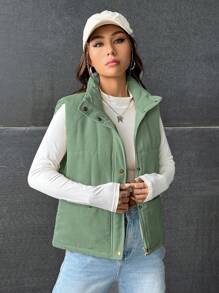 SHEIN EZwear Áo khoác đệm có nút cài phía trước - Màu xanh Ô liu - Xem 4