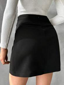 EURMUSE Solid Fold Pleated Detail Skirt - Black - View 2