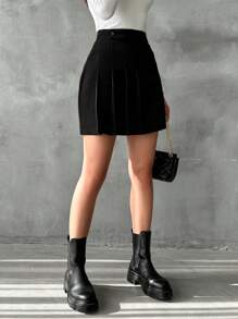 EURMUSE Solid Fold Pleated Detail Skirt - Black - View 5