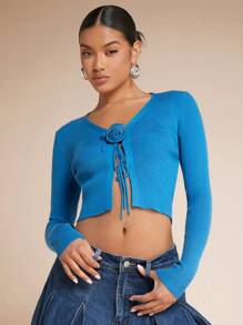 SHEIN BAE Stereo Flower Tie Front Crop Cardigan - Blue - View 1