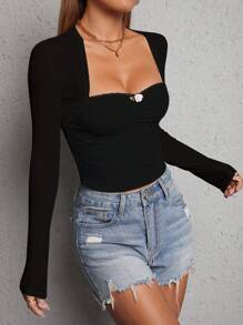 SHEIN PETITE 甜心领褶皱抹胸露脐短款女士黑色上衣 - 黑色 - 查看 6