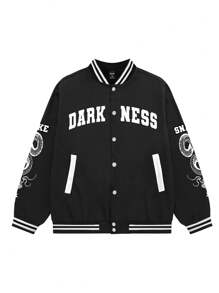 Manfinity EMRG Chaqueta Estilo Universitario Extragrande Con Estampado De Serpiente Y Letras Para Hombre - Negro - Ver 3