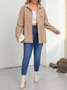 SHEIN Frenchy Hơn Túi có nắp Thả vai Peplum Hem Áo khoác vải nhung - Màu Khaki - Xem 3