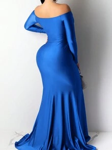 Off Shoulder Tách đùi Chiều dài sàn Ăn mặc trang trọng - Màu xanh hải quân - Xem 2