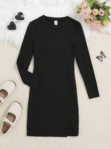 SHEIN Leap Crew Cô gái Tween Chất rắn Đồ đan Ribbed Viền chia cắt Đầm - màu đen - Xem 4