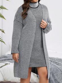 Calvaya Hơn Đồ họa Houndstooth Áo cao cổ Thả vai Áo len Mở & Đầm Áo len - Xám - Xem 4
