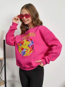 RueChic Teen Girl Letter & Cartoon Graphic Drop Shoulder Pullover - Hot Pink - View 6