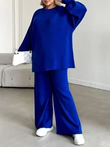 EURMUSE Plus Size Solid Color Raglan Sleeve Sweater And Knitted Pants Set, For Winter - Blue - View 3