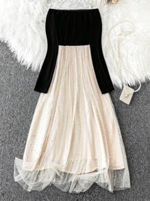 SHEIN Clasi Talla grande Vestido de malla de hombros descubiertos brillante