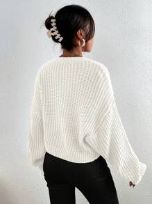 Chiquease Solid Ribbed Knit Drop Shoulder Jumper - White - View 2
