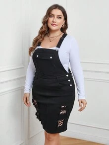 SHEIN Privé Hơn In hoa Báo Rách Đầm denim Without Tee - màu đen - Xem 3