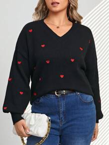 SHEIN Frenchy Women's Plus Size Heart Embroidery V-neck Drop Shoulder Sweater - Black - View 1