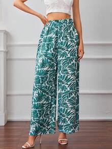 SHEIN Frenchy Bản in nhiệt đới Cao eo Quần ống rộng - màu xanh lá - Xem 3