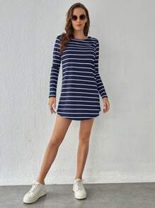 SHEIN Tall 條紋印花後紐扣T恤洋裝 - 藏蓝色 - 查看 4