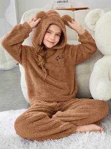 SHEIN Tween Girl Letter Embroidery 3D Ears Design Hooded Flannel Top & Pants PJ Set