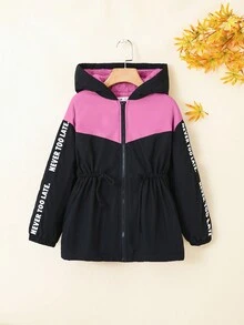 SHEIN Cô gái Tween Băng Letter Khối màu Eo dây rút áo có mũ Lót nhiệt áo - Màu Hồng  Dưa hấu - Xem 4
