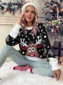 SHEIN LUNE 圣诞图案落肩针织套头衫秋冬毛衣 - 彩色 - 查看 6