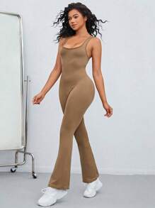 Easithlete Solid Flare Leg Cami Jumpsuit - Coffee Brown - View 3