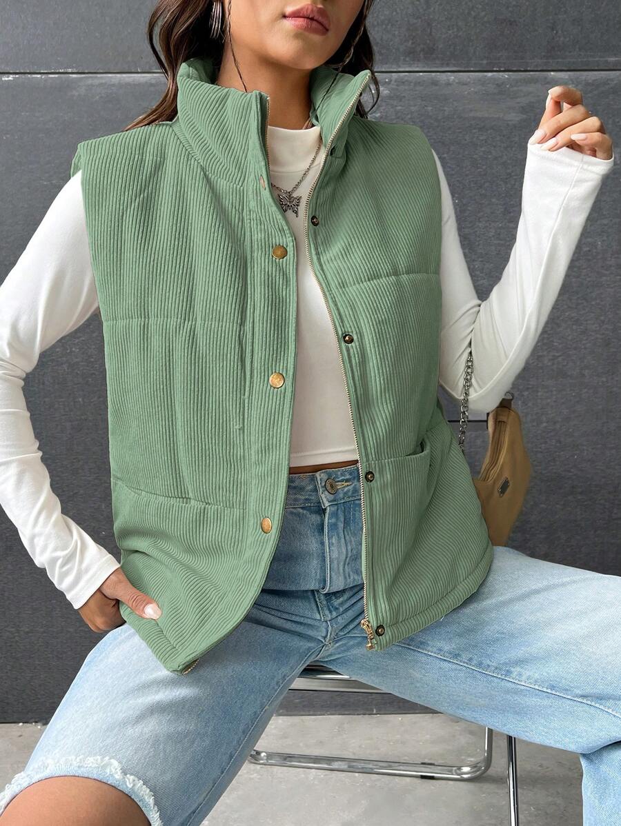 SHEIN EZwear Áo khoác đệm có nút cài phía trước - Màu xanh Ô liu - Xem 1