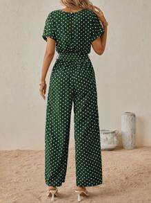 SHEIN LUNE 波點圖案蝙蝠袖腰帶闊腿連體褲 - 綠色 - 查看 2